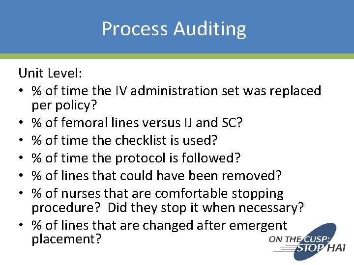 Process Auditing Unit Level: • % of time the IV administration set was replaced