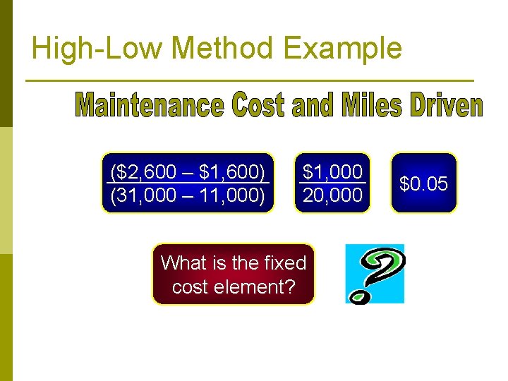 High-Low Method Example ($2, 600 – $1, 600) $1, 000 = = $0. 05