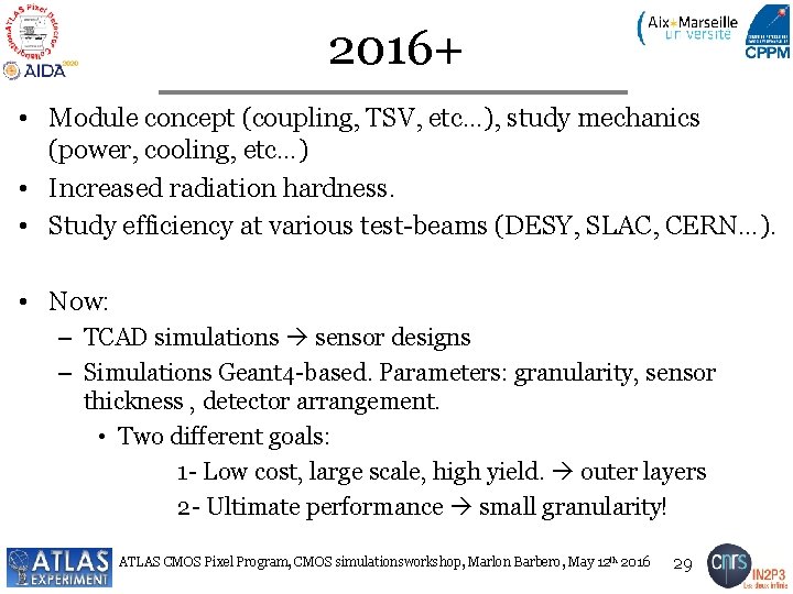 2016+ • Module concept (coupling, TSV, etc…), study mechanics (power, cooling, etc…) • Increased