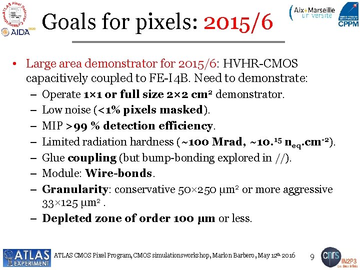 Goals for pixels: 2015/6 • Large area demonstrator for 2015/6: HVHR-CMOS capacitively coupled to