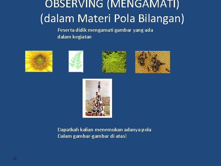 OBSERVING (MENGAMATI) (dalam Materi Pola Bilangan) Peserta didik mengamati gambar yang ada dalam kegiatan