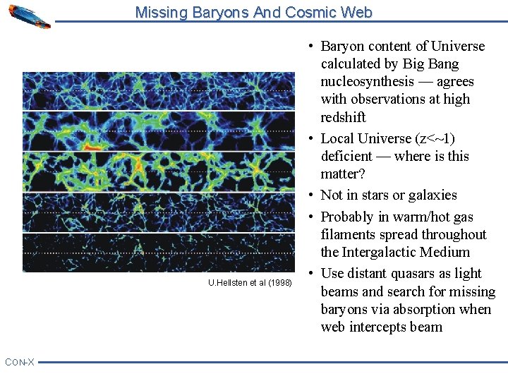 Missing Baryons And Cosmic Web U. Hellsten et al (1998) CON-X • Baryon content