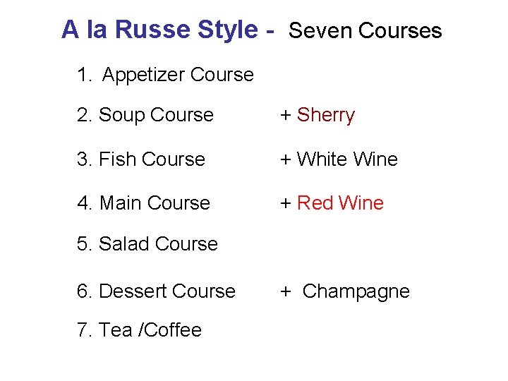 A la Russe Style - Seven Courses 1. Appetizer Course 2. Soup Course +
