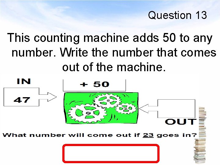 Question 13 This counting machine adds 50 to any number. Write the number that