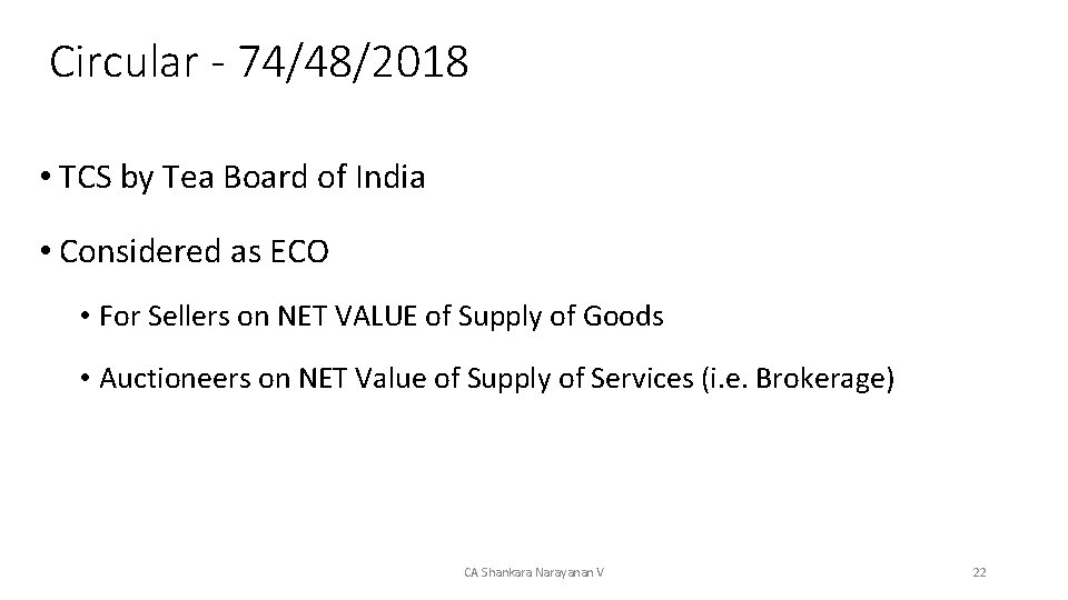 Circular - 74/48/2018 • TCS by Tea Board of India • Considered as ECO