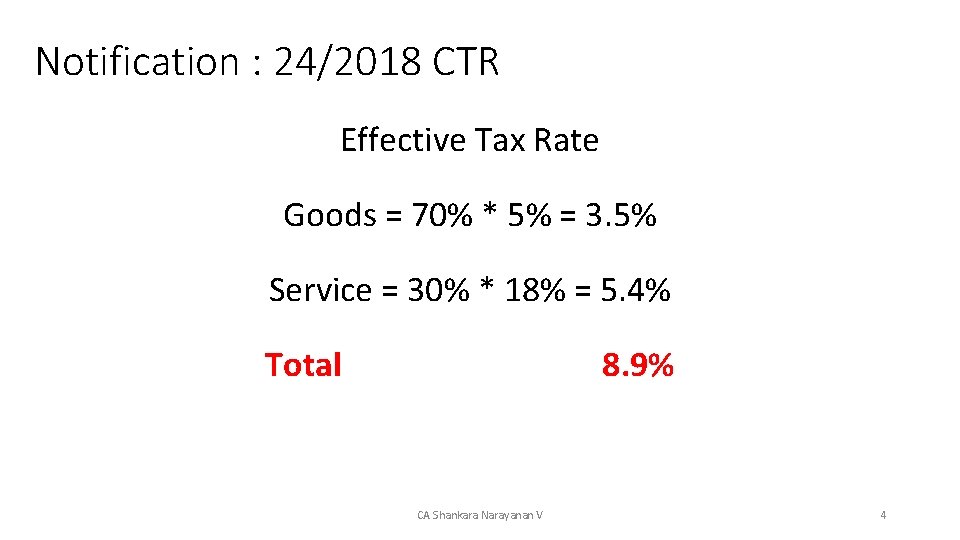 Notification : 24/2018 CTR Effective Tax Rate Goods = 70% * 5% = 3.