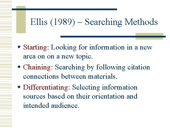 Ellis (1989) – Searching Methods w Starting: Looking for information in a new area