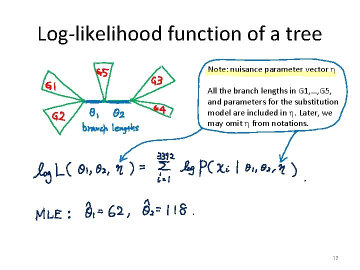 Log-likelihood function of a tree Note: nuisance parameter vector h All the branch lengths