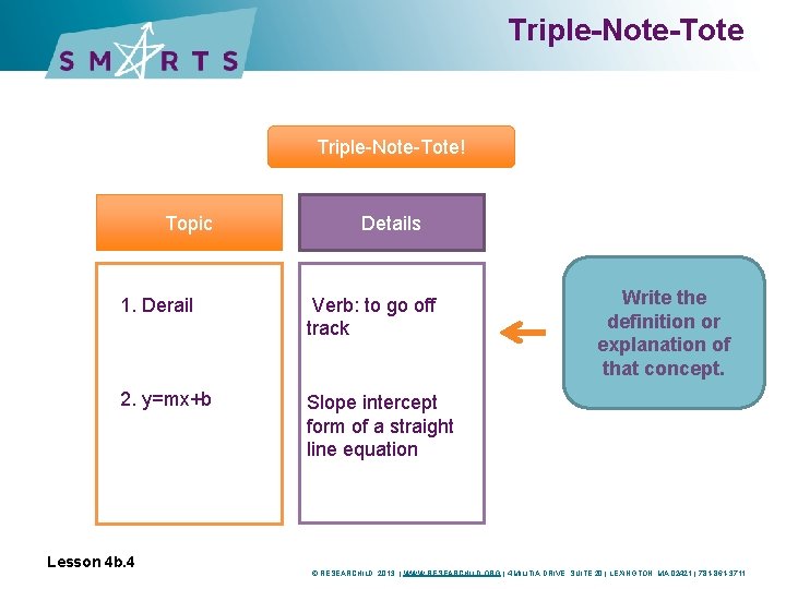 Triple-Note-Tote! Topic Details 1. Derail Verb: to go off track 2. y=mx+b Slope intercept