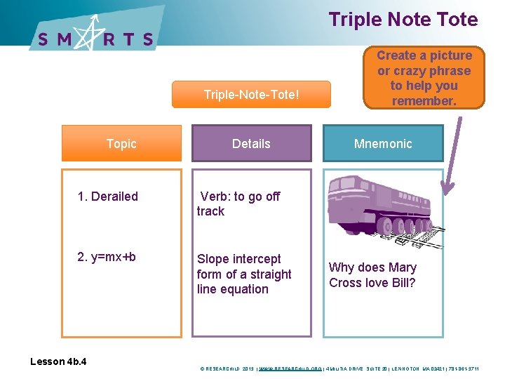 Triple Note Triple-Note-Tote! Topic Details 1. Derailed Verb: to go off track 2. y=mx+b