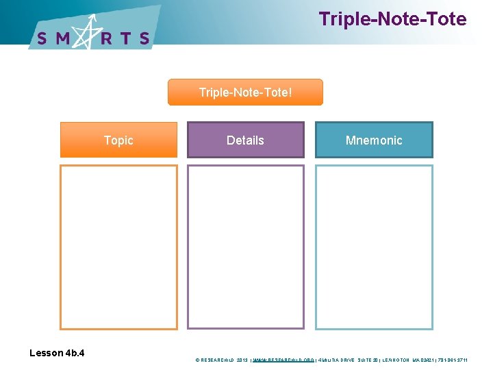 Triple-Note-Tote! Topic Lesson 4 b. 4 Details Mnemonic © RESEARCHILD, 2013 | WWW. RESEARCHILD.