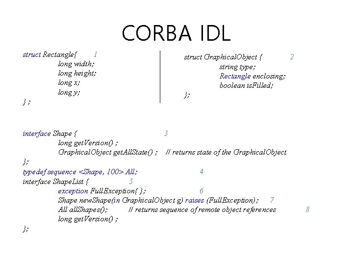 CORBA IDL struct Rectangle{ 1 long width; long height; long x; long y; };