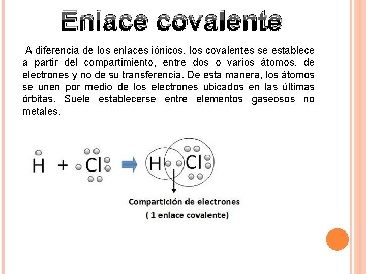 Enlace covalente A diferencia de los enlaces iónicos, los covalentes se establece a partir