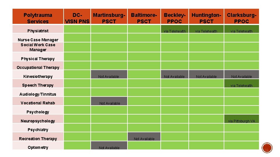 Polytrauma Services DCMartinsburg. VISN PNS PSCT Baltimore. PSCT Beckley. PPOC Huntington. PSCT Clarksburg. PPOC