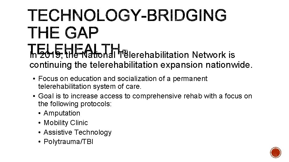 In 2019, the National Telerehabilitation Network is continuing the telerehabilitation expansion nationwide. • Focus