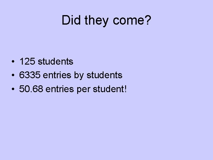 Did they come? • 125 students • 6335 entries by students • 50. 68