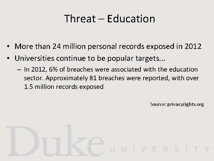 Threat – Education • More than 24 million personal records exposed in 2012 •