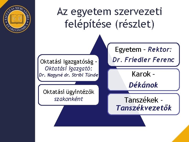 Az egyetem szervezeti felépítése (részlet) Oktatási Igazgatóság – Oktatásifaigazgató: Dr. Nagyné dr. Stribl Tünde