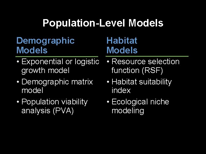 Population-Level Models Demographic Models Habitat Models • Exponential or logistic • Resource selection growth