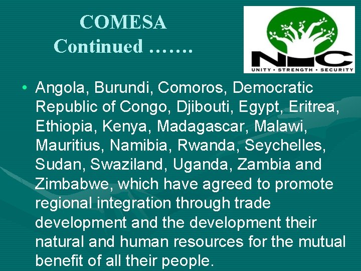 COMESA Continued ……. • Angola, Burundi, Comoros, Democratic Republic of Congo, Djibouti, Egypt, Eritrea,