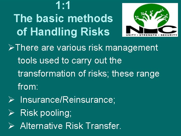 1: 1 The basic methods of Handling Risks ØThere are various risk management tools