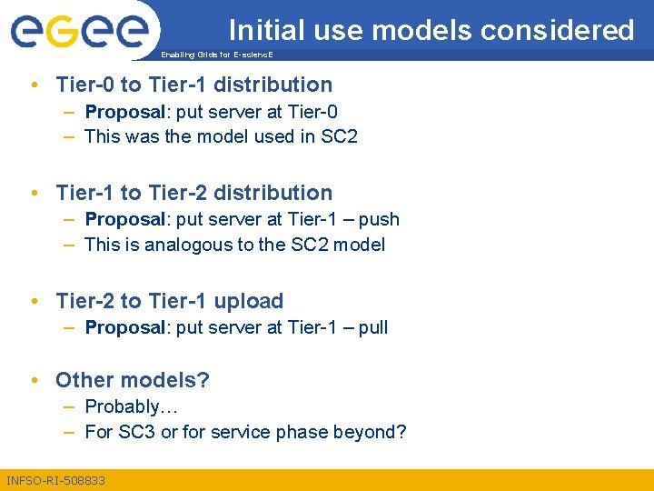 Initial use models considered Enabling Grids for E-scienc. E • Tier-0 to Tier-1 distribution