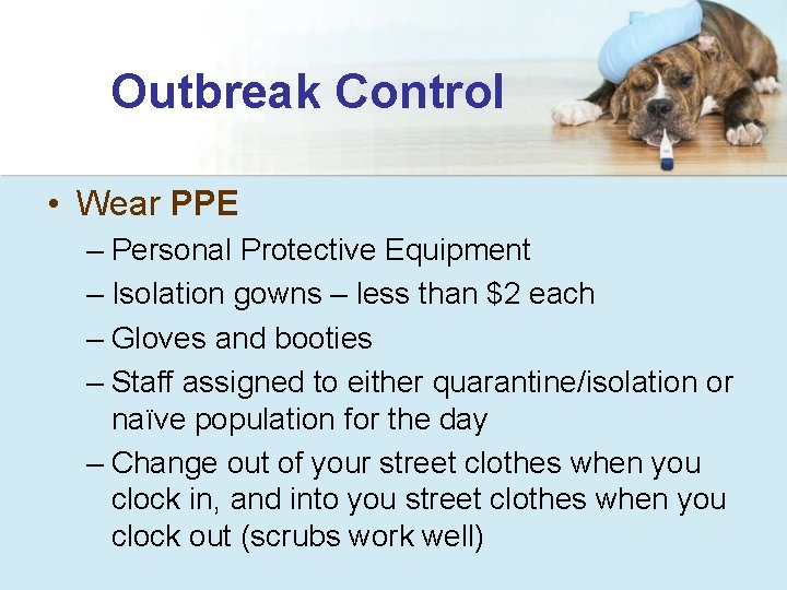 Outbreak Control • Wear PPE – Personal Protective Equipment – Isolation gowns – less