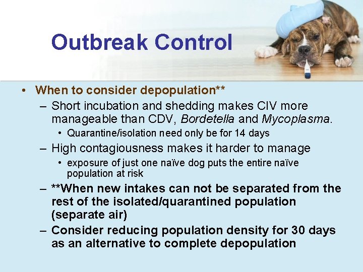 Outbreak Control • When to consider depopulation** – Short incubation and shedding makes CIV