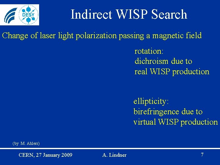 Indirect WISP Search Change of laser light polarization passing a magnetic field rotation: dichroism