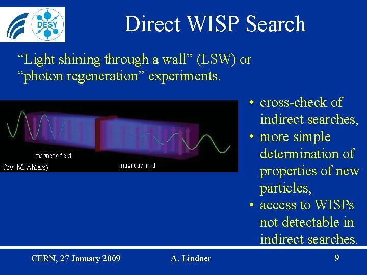 Direct WISP Search “Light shining through a wall” (LSW) or “photon regeneration” experiments. •