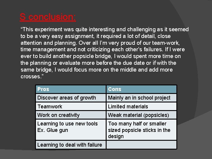 S conclusion: “This experiment was quite interesting and challenging as it seemed to be