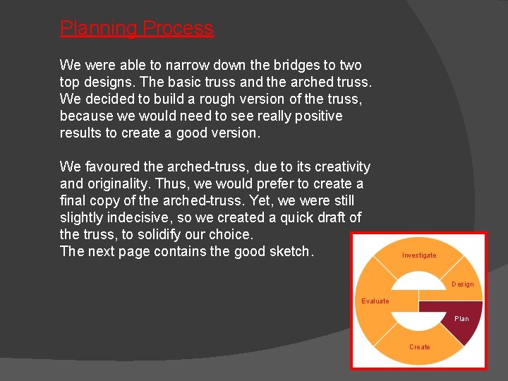 Planning Process We were able to narrow down the bridges to two top designs.