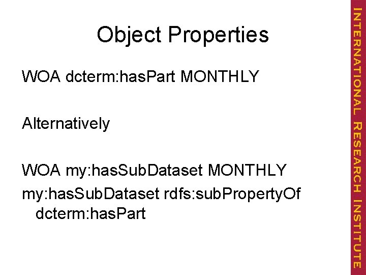 Object Properties WOA dcterm: has. Part MONTHLY Alternatively WOA my: has. Sub. Dataset MONTHLY