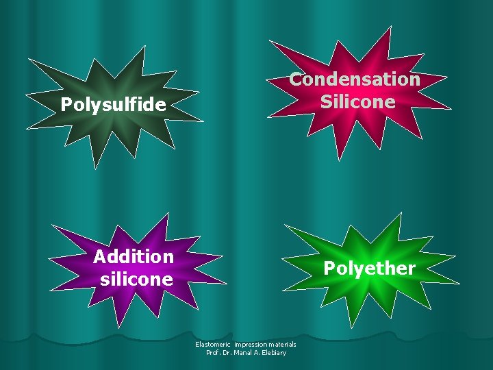 Polysulfide Condensation Silicone Addition silicone Polyether Elastomeric impression materials Prof. Dr. Manal A. Elebiary