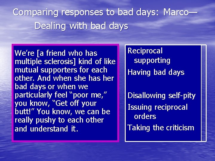 Comparing responses to bad days: Marco— Dealing with bad days We’re [a friend who