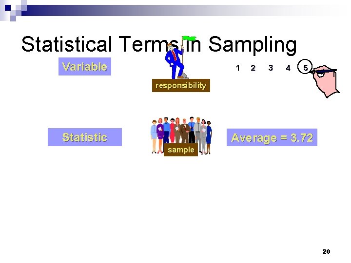 Statistical Terms in Sampling Variable 1 2 3 4 5 responsibility Statistic Average =