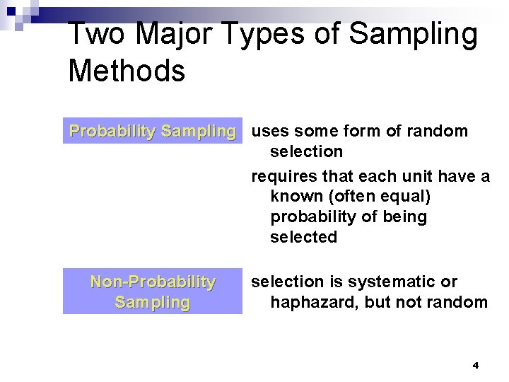 Two Major Types of Sampling Methods Probability Sampling uses some form of random selection