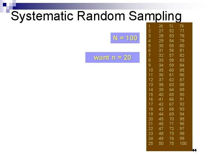 Systematic Random Sampling N = 100 want n = 20 1 2 3 4