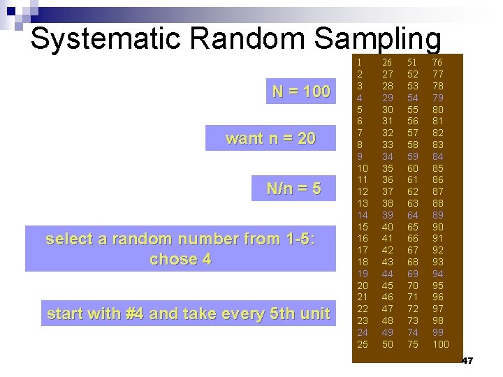 Systematic Random Sampling N = 100 want n = 20 N/n = 5 select