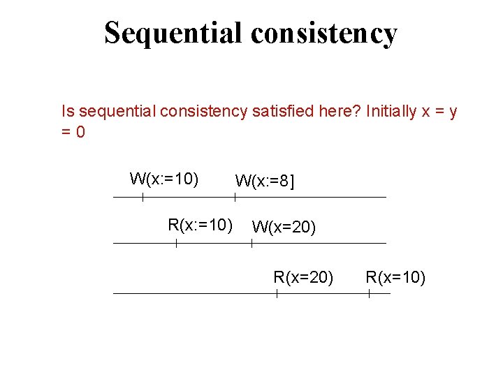 Sequential consistency Is sequential consistency satisfied here? Initially x = y = 0 W(x: