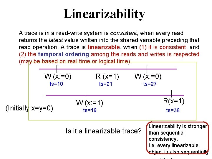 Linearizability A trace is in a read-write system is consistent, when every read returns