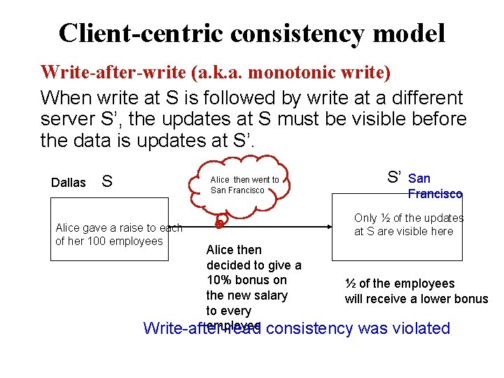 Client-centric consistency model Write-after-write (a. k. a. monotonic write) When write at S is