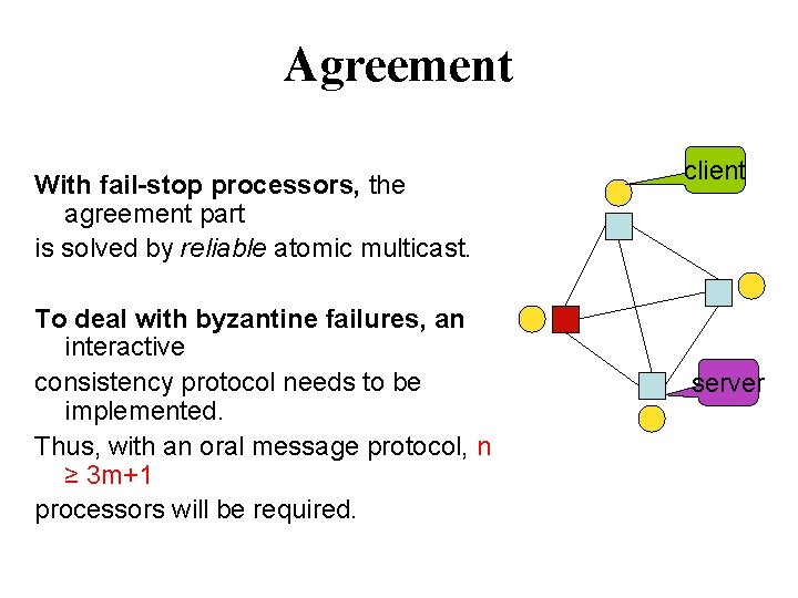 Agreement With fail-stop processors, the agreement part is solved by reliable atomic multicast. To