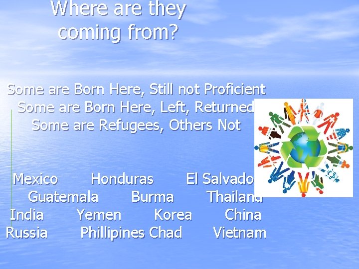 Where are they coming from? Some are Born Here, Still not Proficient Some are