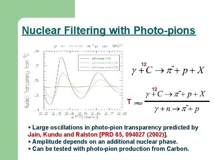 Nuclear Filtering with Photo-pions 12 12 T - § Large oscillations in photo-pion transparency