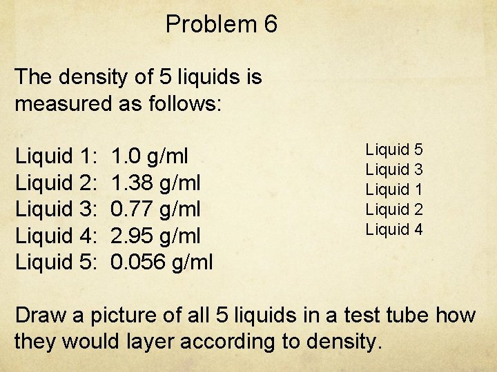 Problem 6 The density of 5 liquids is measured as follows: Liquid 1: 1.