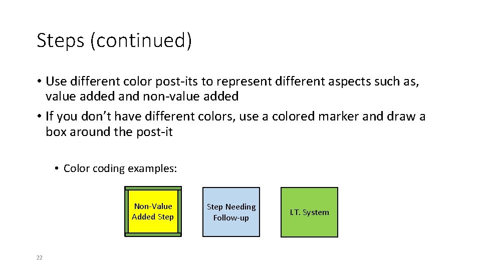 Steps (continued) • Use different color post-its to represent different aspects such as, value