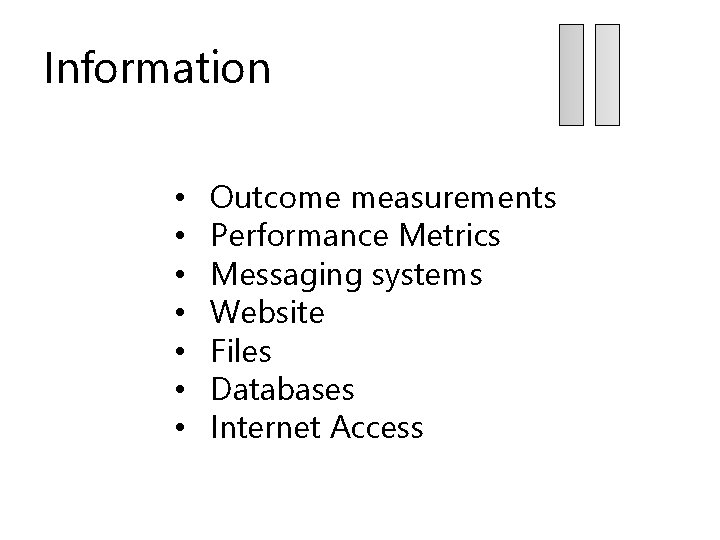 Information • • Outcome measurements Performance Metrics Messaging systems Website Files Databases Internet Access