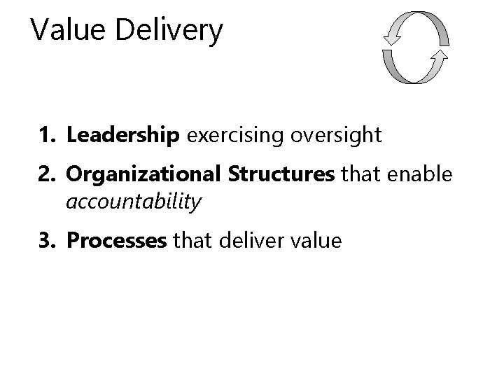 Value Delivery 1. Leadership exercising oversight 2. Organizational Structures that enable accountability 3. Processes