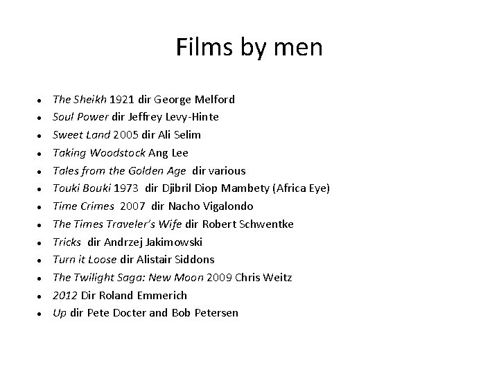 Films by men The Sheikh 1921 dir George Melford Soul Power dir Jeffrey Levy-Hinte